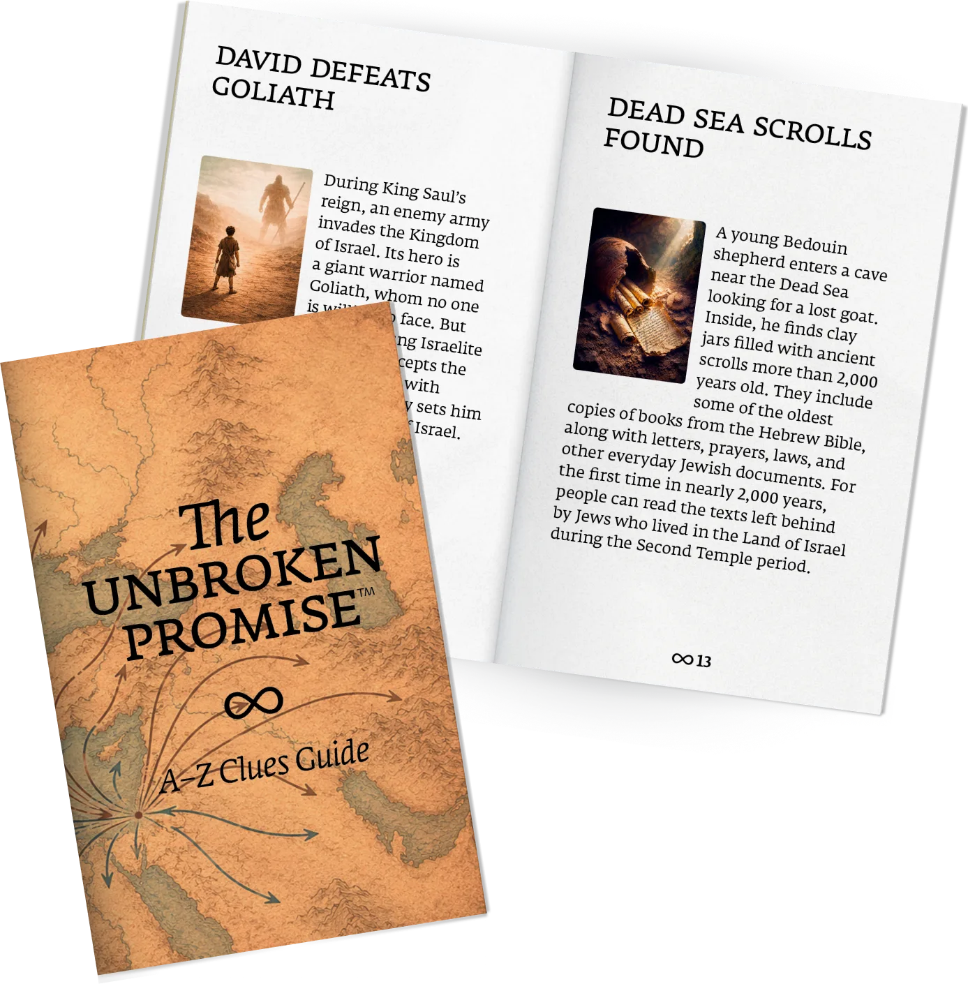 The A–Z Clues Guide booklet and its pages, opened to entries for David Defeats Goliath and Dead Sea Scrolls Found