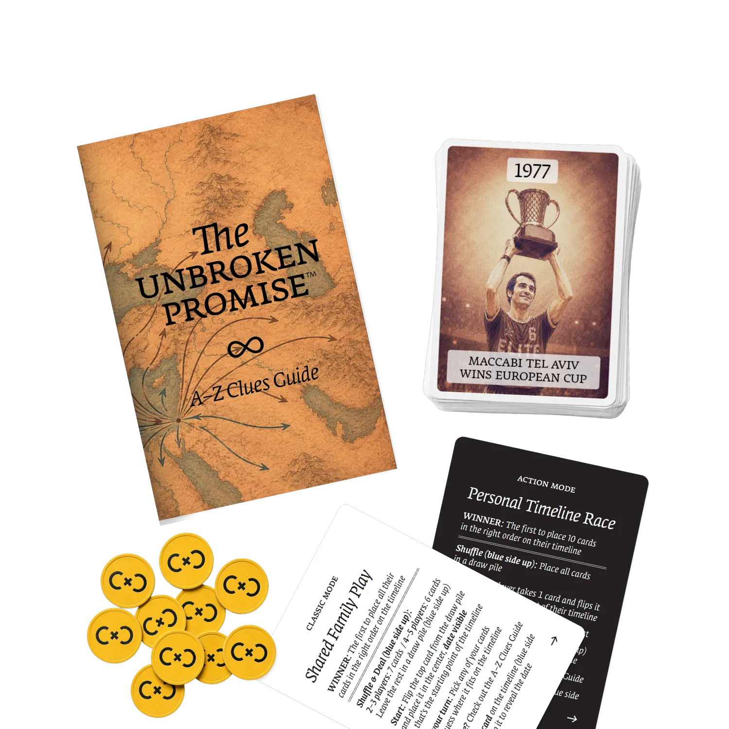 The Unbroken Promise box contents: booklet, cards, challenge tokens, and instruction cards