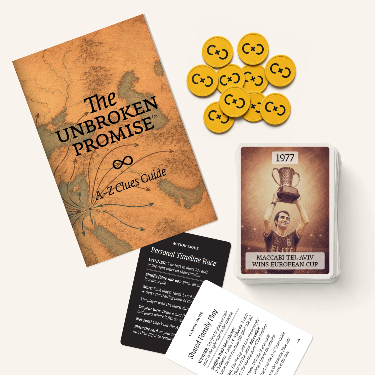 The Unbroken Promise box contents: booklet, cards, and challenge tokens